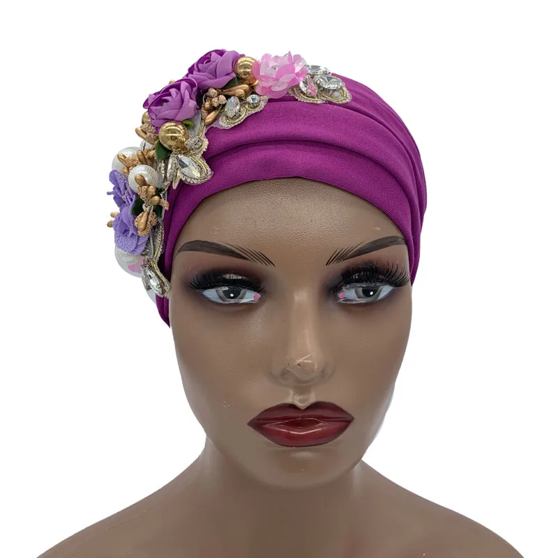 Luxury Rhinestone Flower Pleated Turban Cap Elegant Women's Head Wrap Headscarf Bonnet Female Party Headwear Hat Turbante