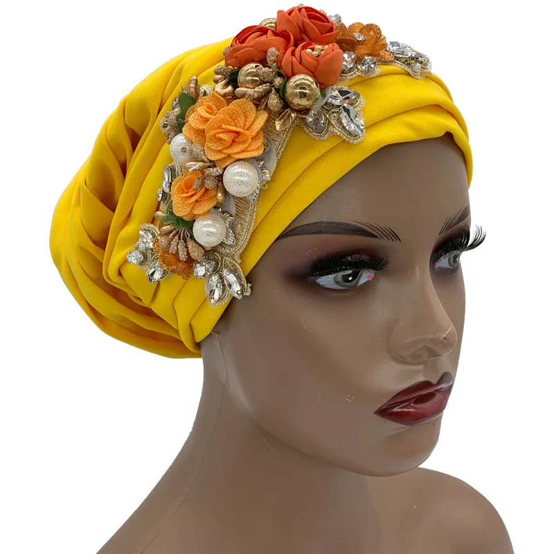 Luxury Rhinestone Flower Pleated Turban Cap Elegant Women's Head Wrap Headscarf Bonnet Female Party Headwear Hat Turbante