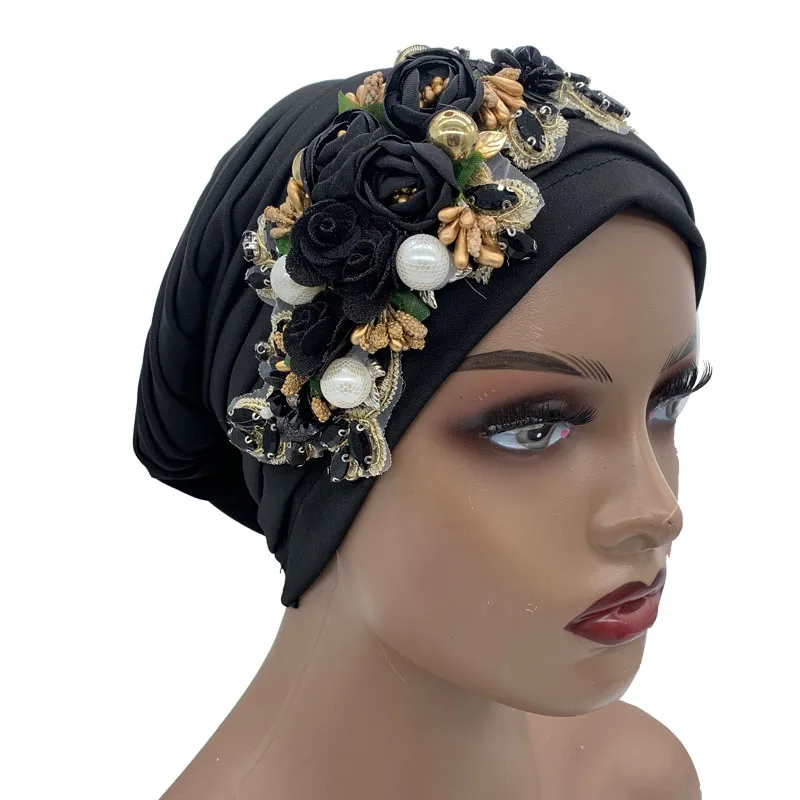 Luxury Rhinestone Flower Pleated Turban Cap Elegant Women's Head Wrap Headscarf Bonnet Female Party Headwear Hat Turbante