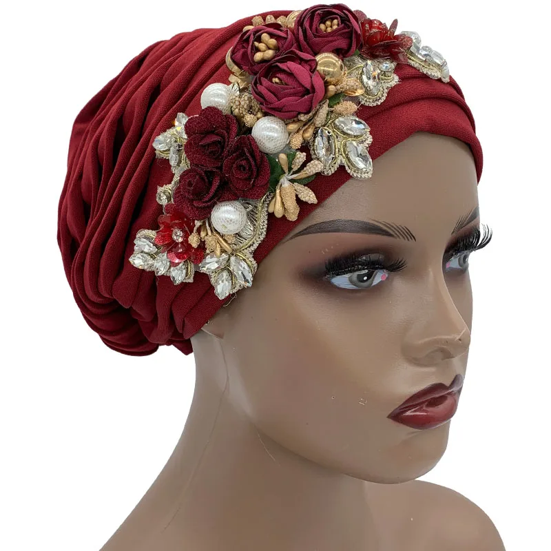 Luxury Rhinestone Flower Pleated Turban Cap Elegant Women's Head Wrap Headscarf Bonnet Female Party Headwear Hat Turbante