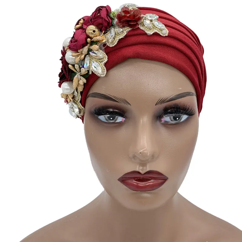 Luxury Rhinestone Flower Pleated Turban Cap Elegant Women's Head Wrap Headscarf Bonnet Female Party Headwear Hat Turbante
