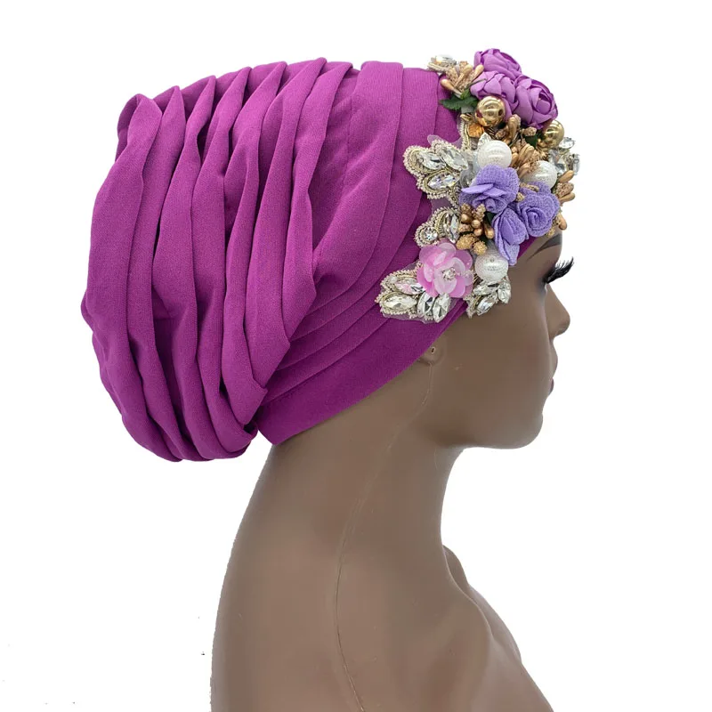 Luxury Rhinestone Flower Pleated Turban Cap Elegant Women's Head Wrap Headscarf Bonnet Female Party Headwear Hat Turbante