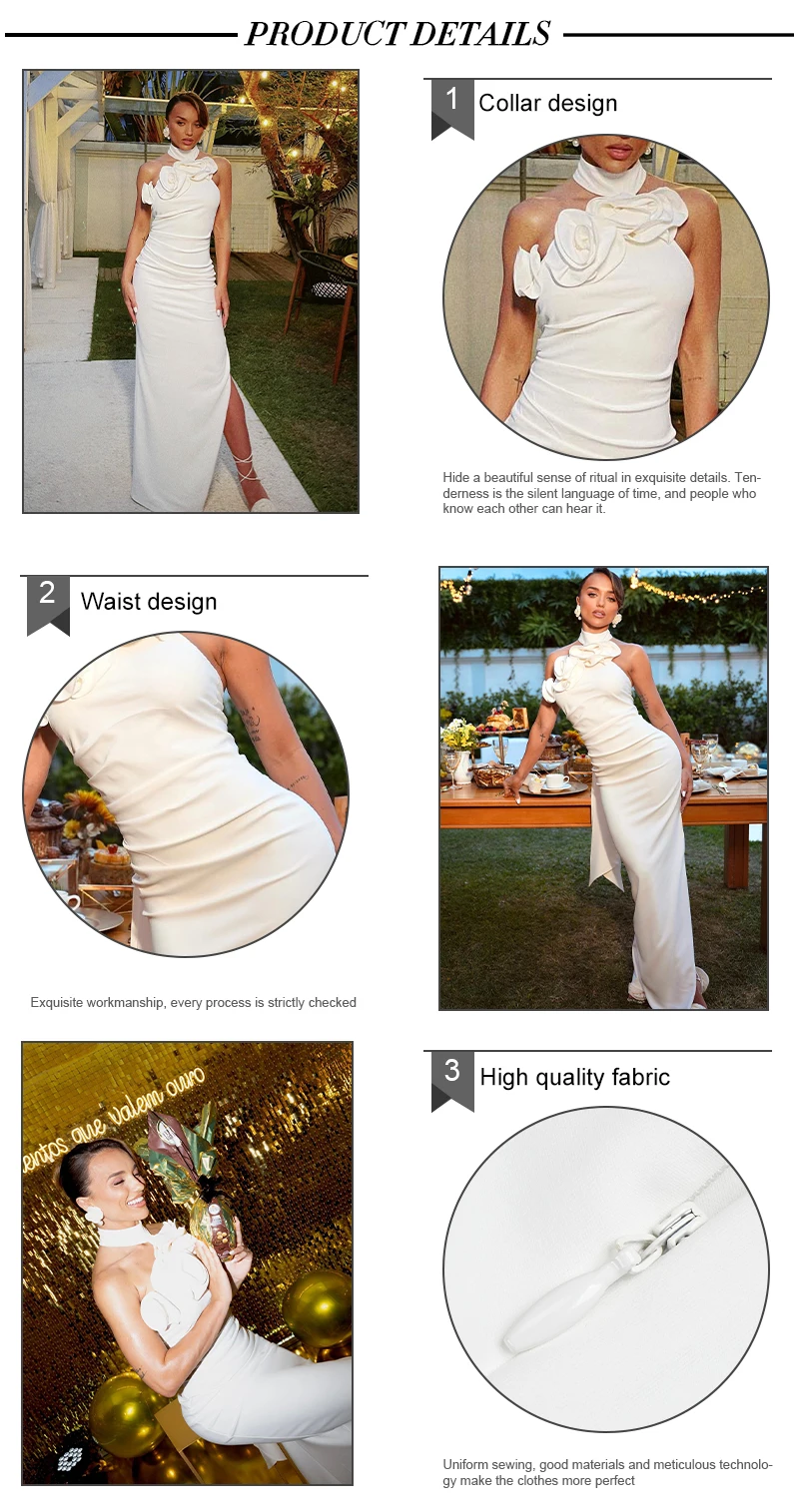 VC Birthday Dress Women Chic And Elegant Flowers Decoration High Split White Long One-Piece Gown 2023 Summer New