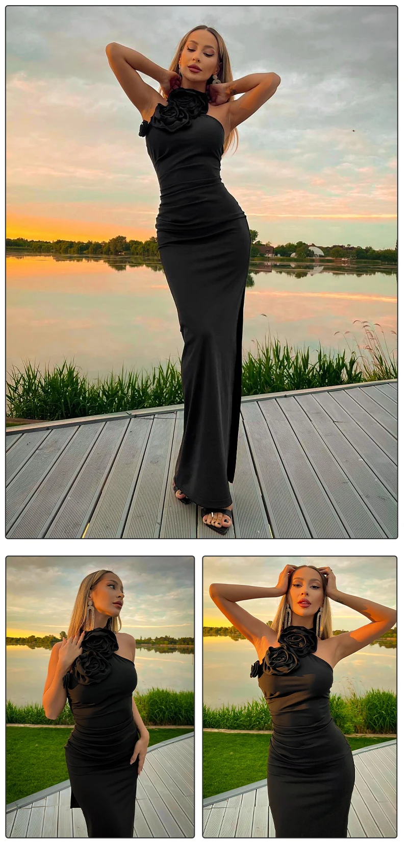 VC Birthday Dress Women Chic And Elegant Flowers Decoration High Split White Long One-Piece Gown 2023 Summer New