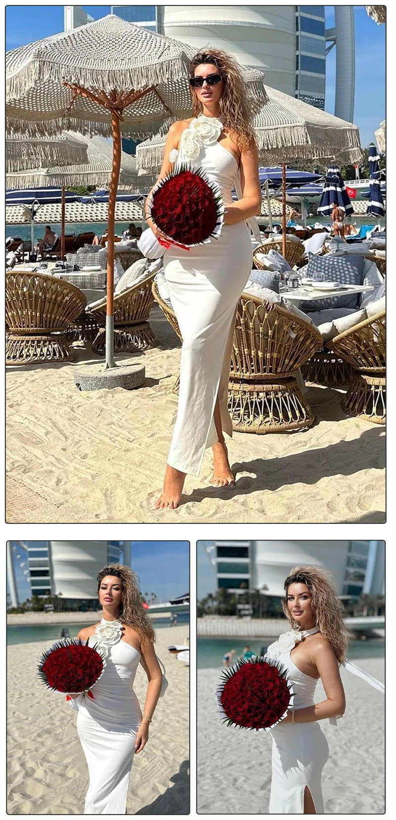 VC Birthday Dress Women Chic And Elegant Flowers Decoration High Split White Long One-Piece Gown 2023 Summer New