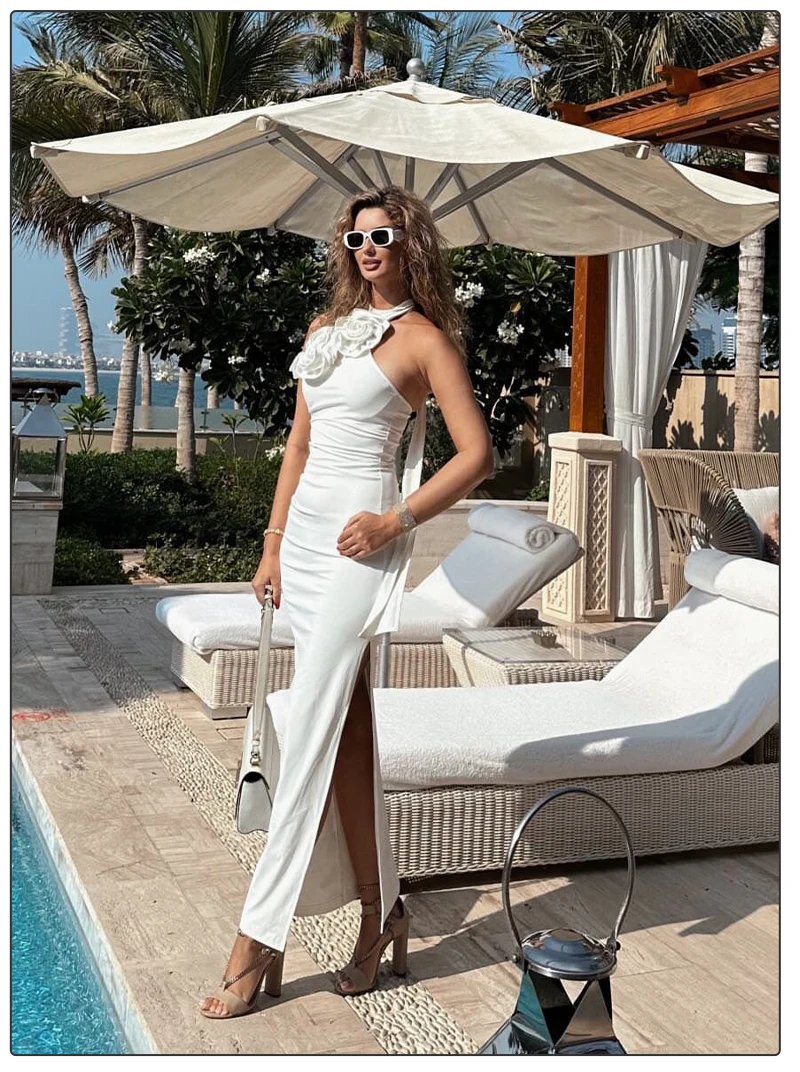 VC Birthday Dress Women Chic And Elegant Flowers Decoration High Split White Long One-Piece Gown 2023 Summer New