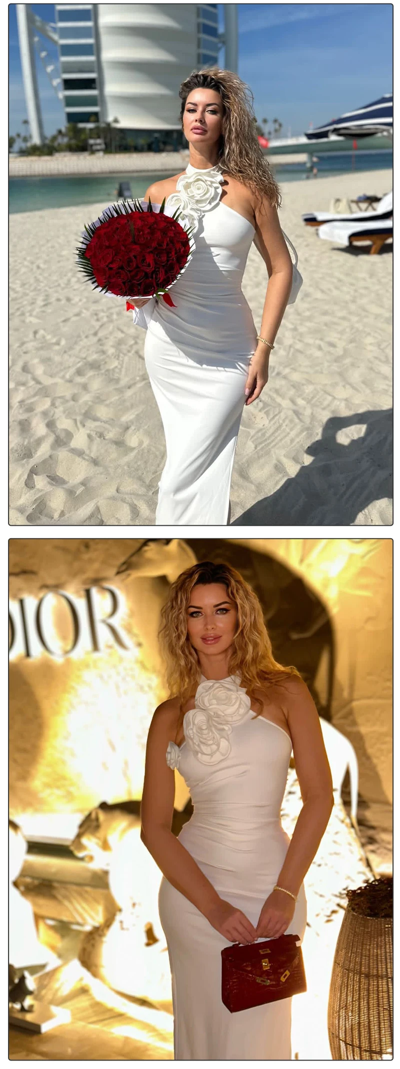 VC Birthday Dress Women Chic And Elegant Flowers Decoration High Split White Long One-Piece Gown 2023 Summer New