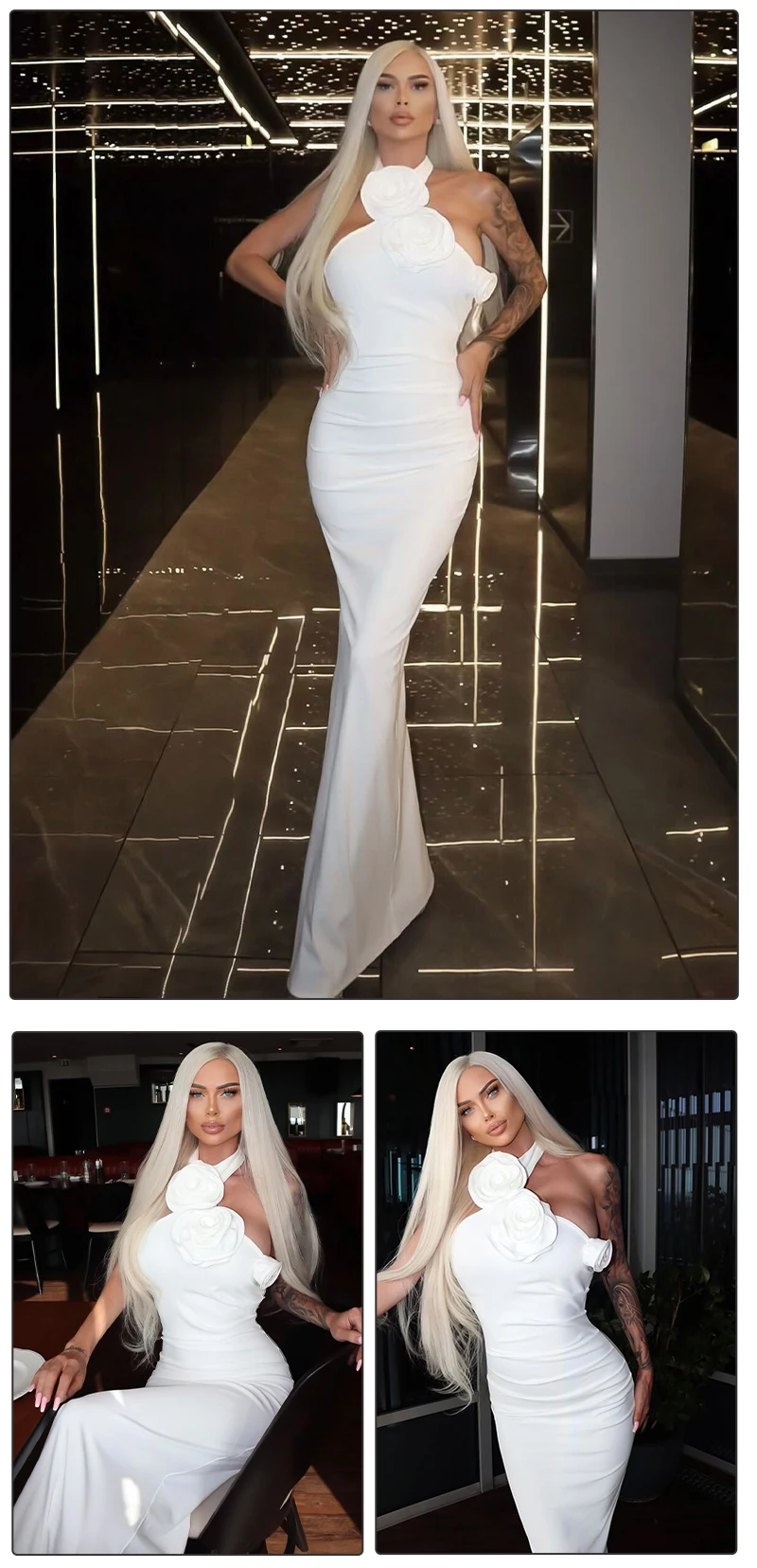 VC Birthday Dress Women Chic And Elegant Flowers Decoration High Split White Long One-Piece Gown 2023 Summer New