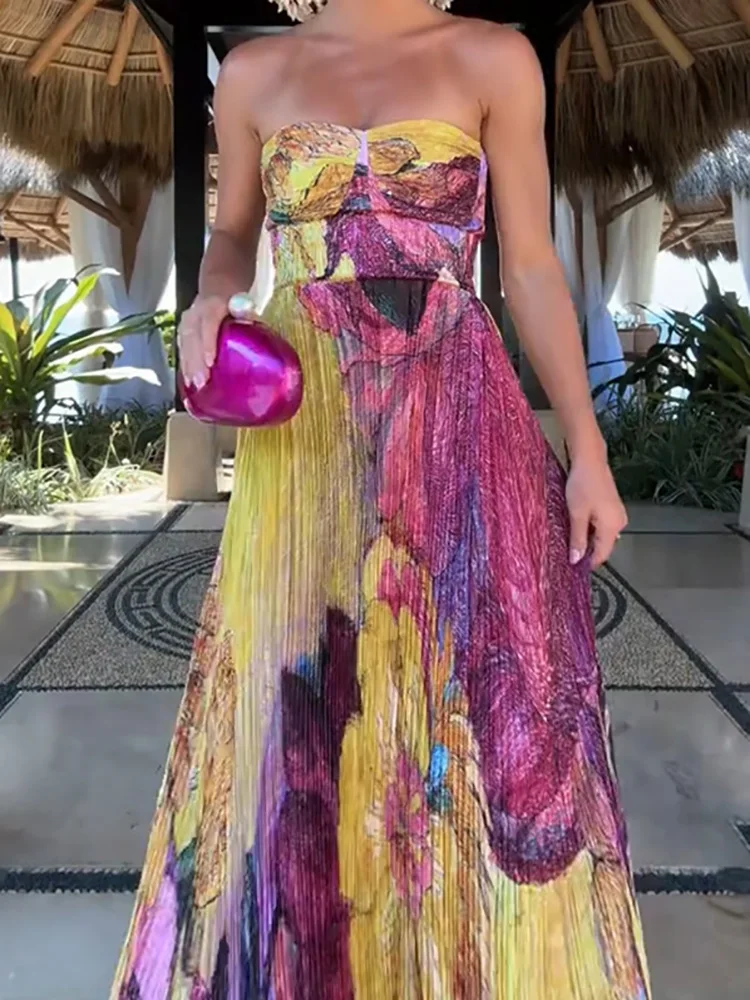 Sexy Backless Patchwork Print Maxi Dress Chic Party Women Folded Floor-Length Dress Female Casual Slim Fit Summer Beach Dresses