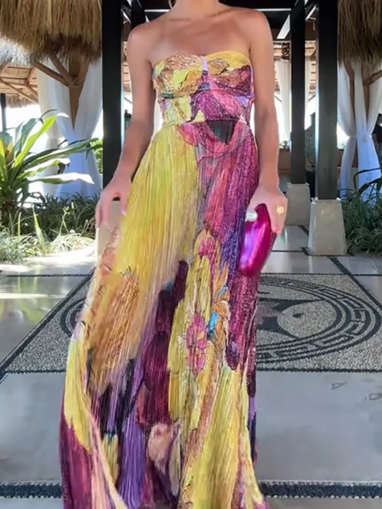 Sexy Backless Patchwork Print Maxi Dress Chic Party Women Folded Floor-Length Dress Female Casual Slim Fit Summer Beach Dresses