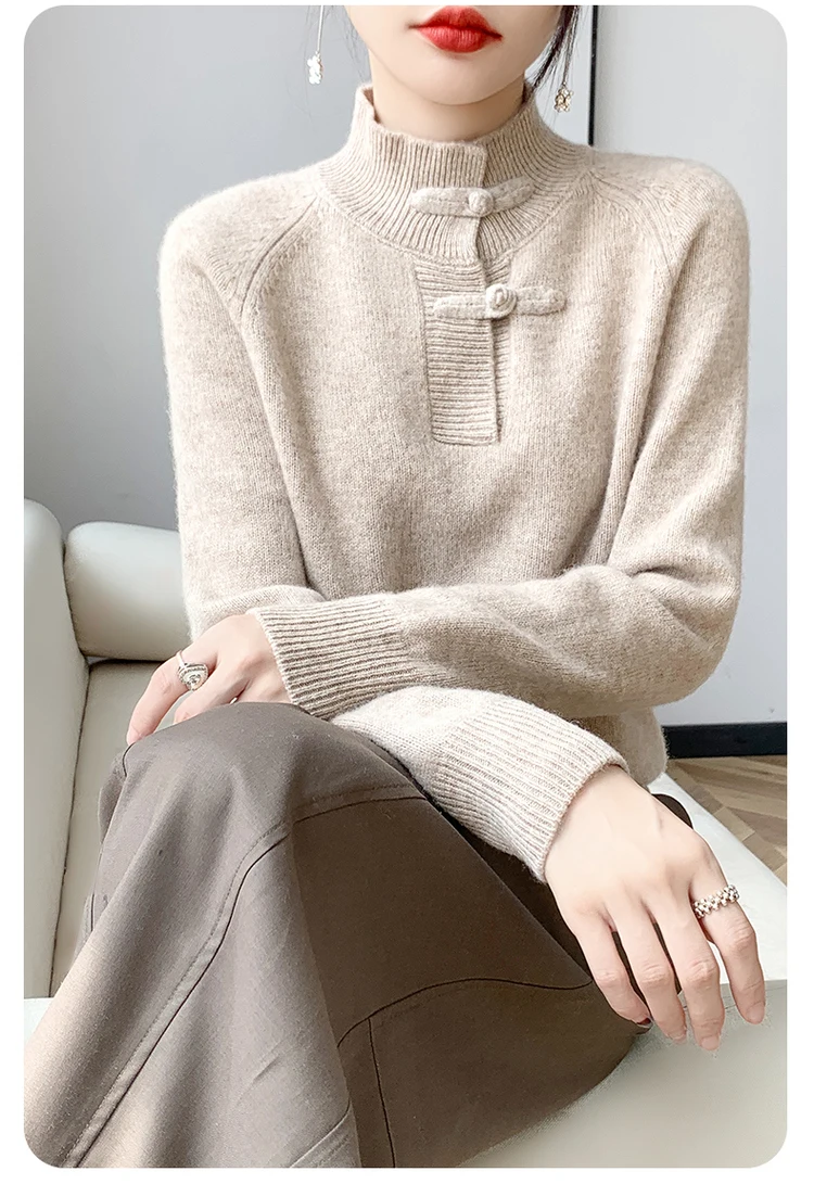 Women 100% Merino Wool Chinese Style Buckle Sweater Half-high Collar Knitted Basic Pullover Autumn Winter Thickening Soft Top