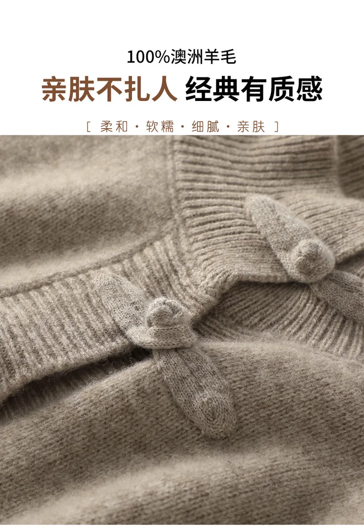 Women 100% Merino Wool Chinese Style Buckle Sweater Half-high Collar Knitted Basic Pullover Autumn Winter Thickening Soft Top