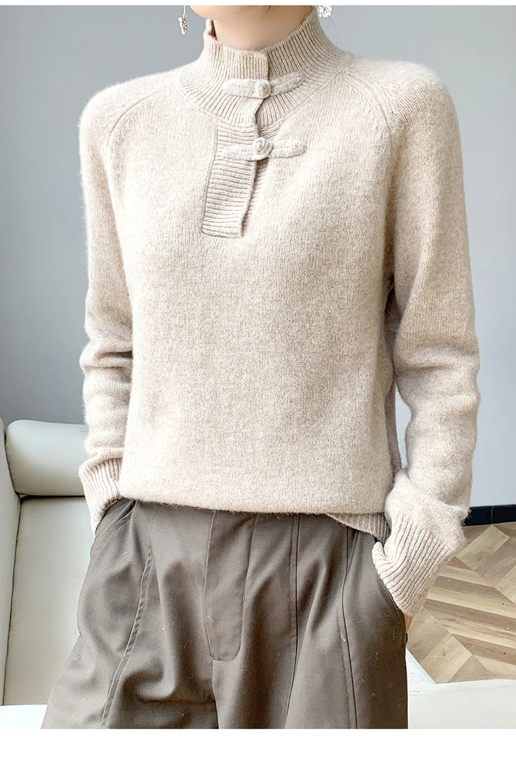 Women 100% Merino Wool Chinese Style Buckle Sweater Half-high Collar Knitted Basic Pullover Autumn Winter Thickening Soft Top