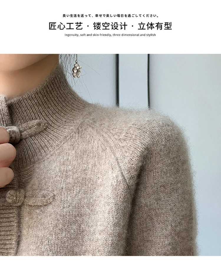 Women 100% Merino Wool Chinese Style Buckle Sweater Half-high Collar Knitted Basic Pullover Autumn Winter Thickening Soft Top