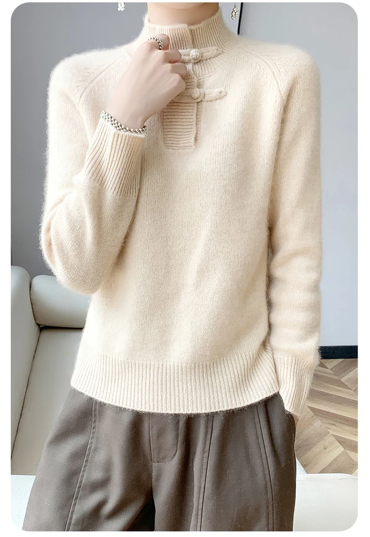 Women 100% Merino Wool Chinese Style Buckle Sweater Half-high Collar Knitted Basic Pullover Autumn Winter Thickening Soft Top
