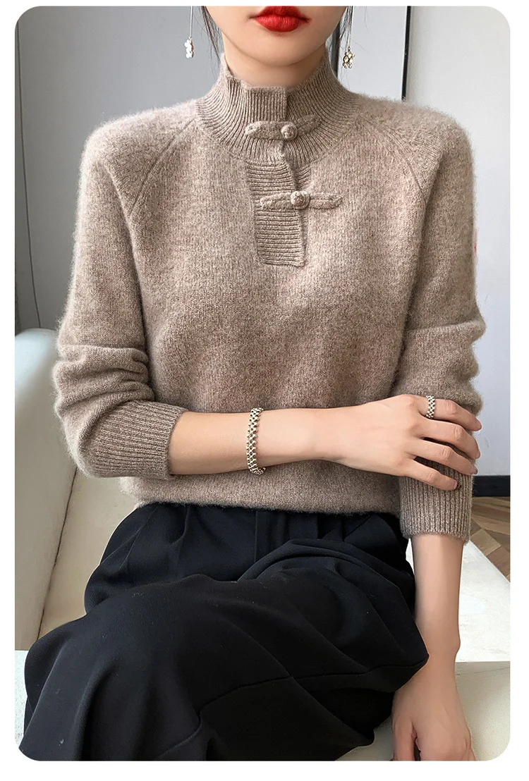 Women 100% Merino Wool Chinese Style Buckle Sweater Half-high Collar Knitted Basic Pullover Autumn Winter Thickening Soft Top