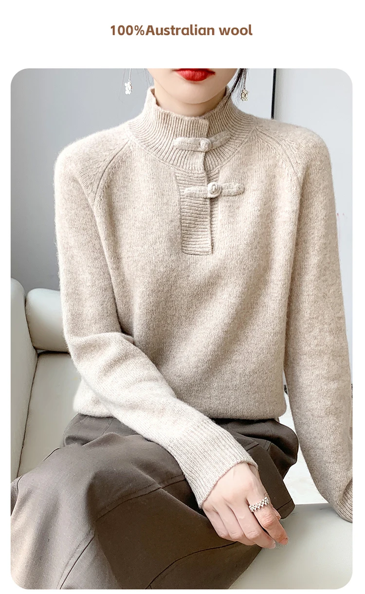 Women 100% Merino Wool Chinese Style Buckle Sweater Half-high Collar Knitted Basic Pullover Autumn Winter Thickening Soft Top