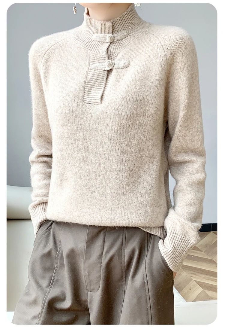 Women 100% Merino Wool Chinese Style Buckle Sweater Half-high Collar Knitted Basic Pullover Autumn Winter Thickening Soft Top