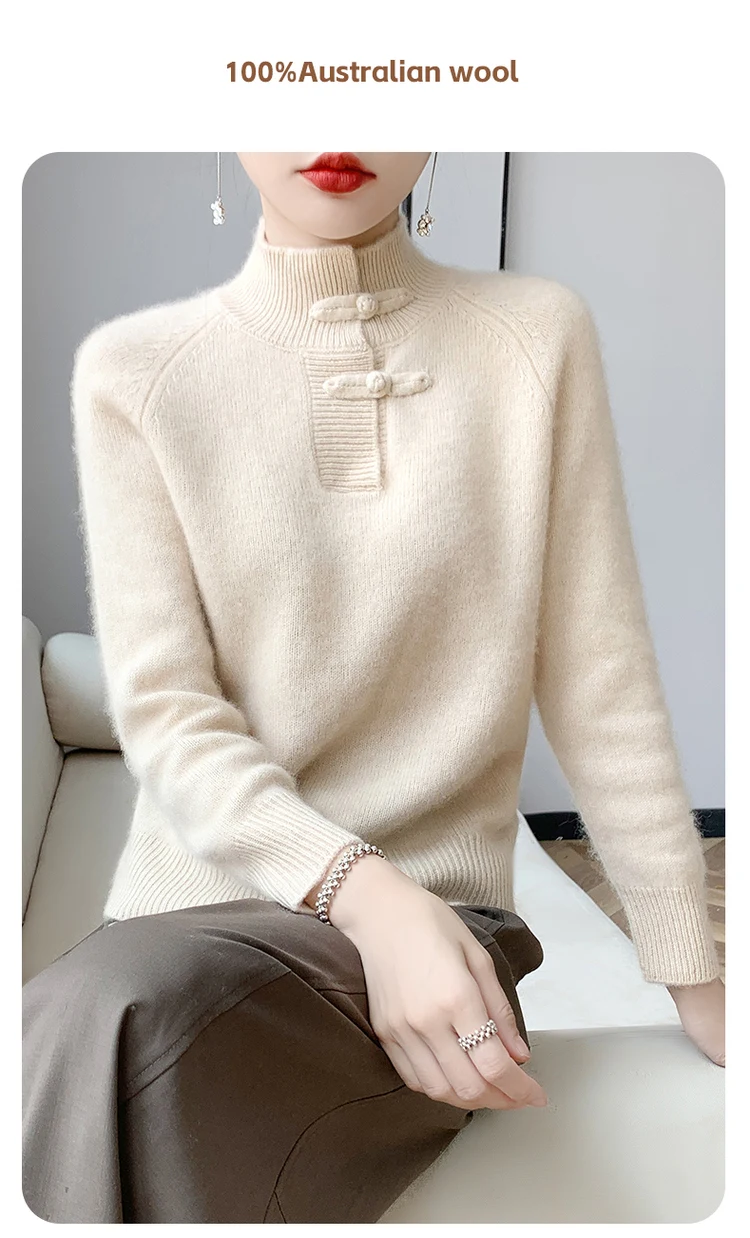 Women 100% Merino Wool Chinese Style Buckle Sweater Half-high Collar Knitted Basic Pullover Autumn Winter Thickening Soft Top
