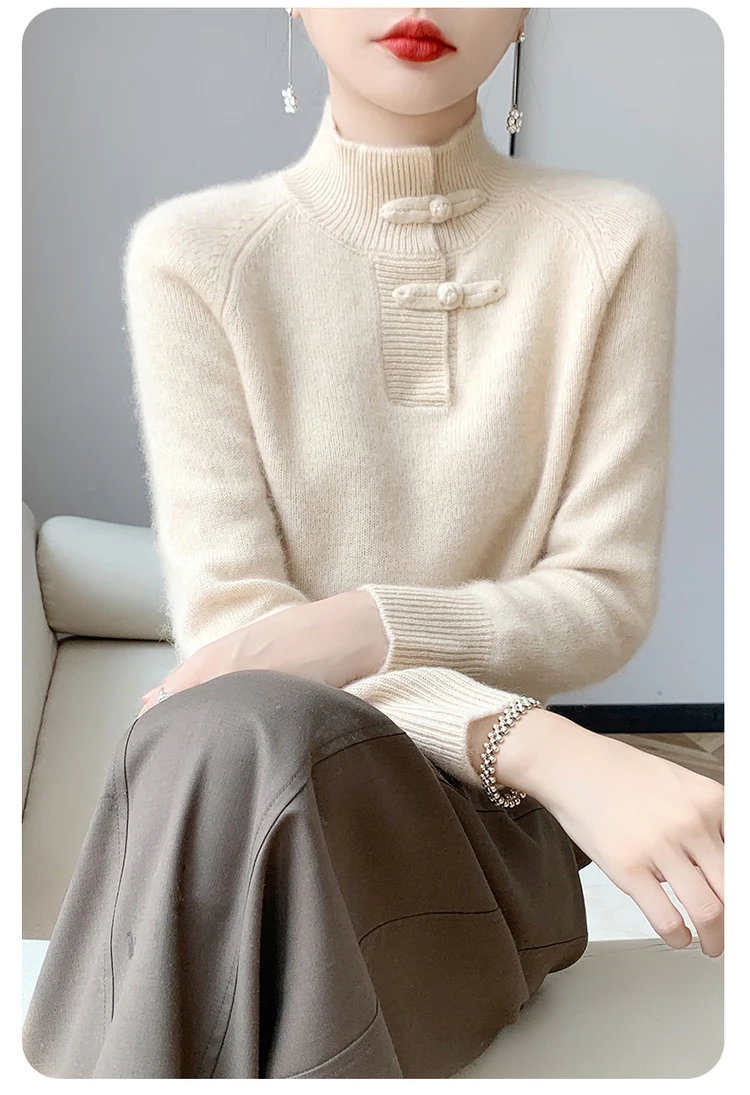 Women 100% Merino Wool Chinese Style Buckle Sweater Half-high Collar Knitted Basic Pullover Autumn Winter Thickening Soft Top