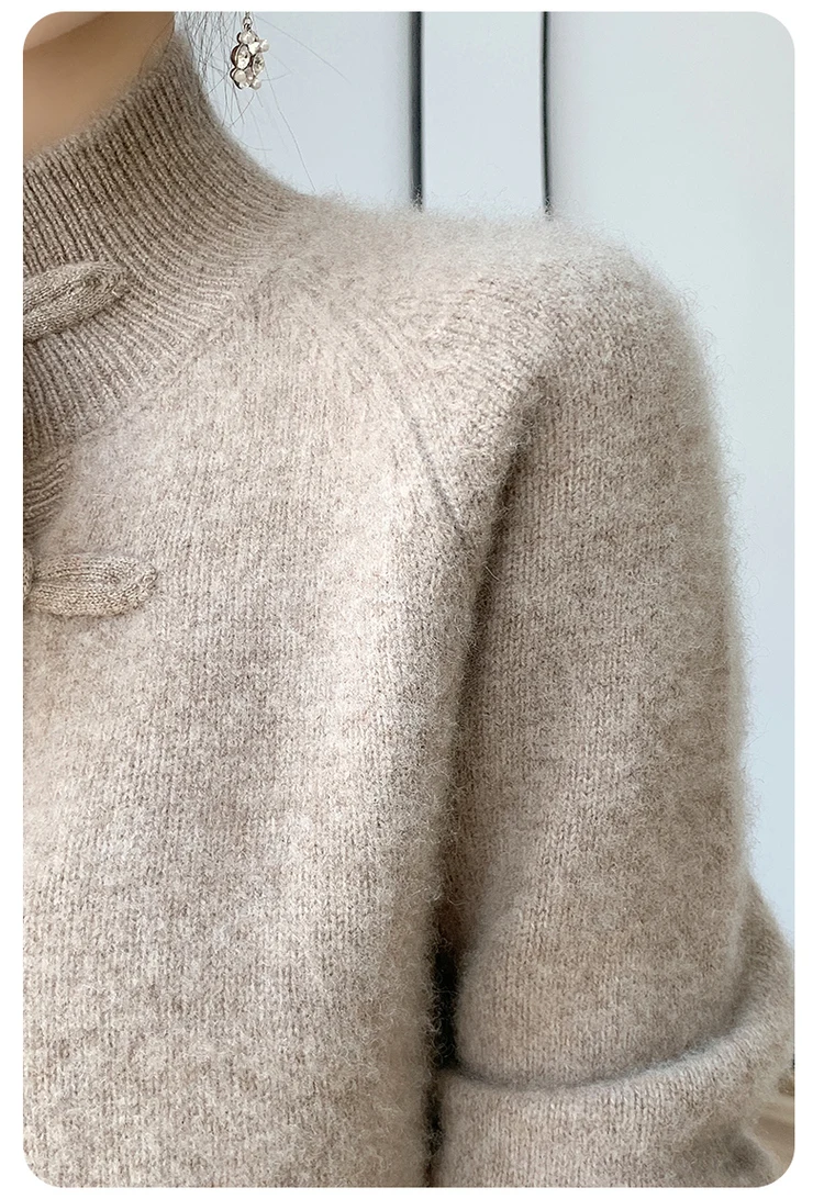 Women 100% Merino Wool Chinese Style Buckle Sweater Half-high Collar Knitted Basic Pullover Autumn Winter Thickening Soft Top