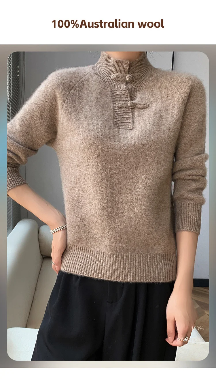 Women 100% Merino Wool Chinese Style Buckle Sweater Half-high Collar Knitted Basic Pullover Autumn Winter Thickening Soft Top