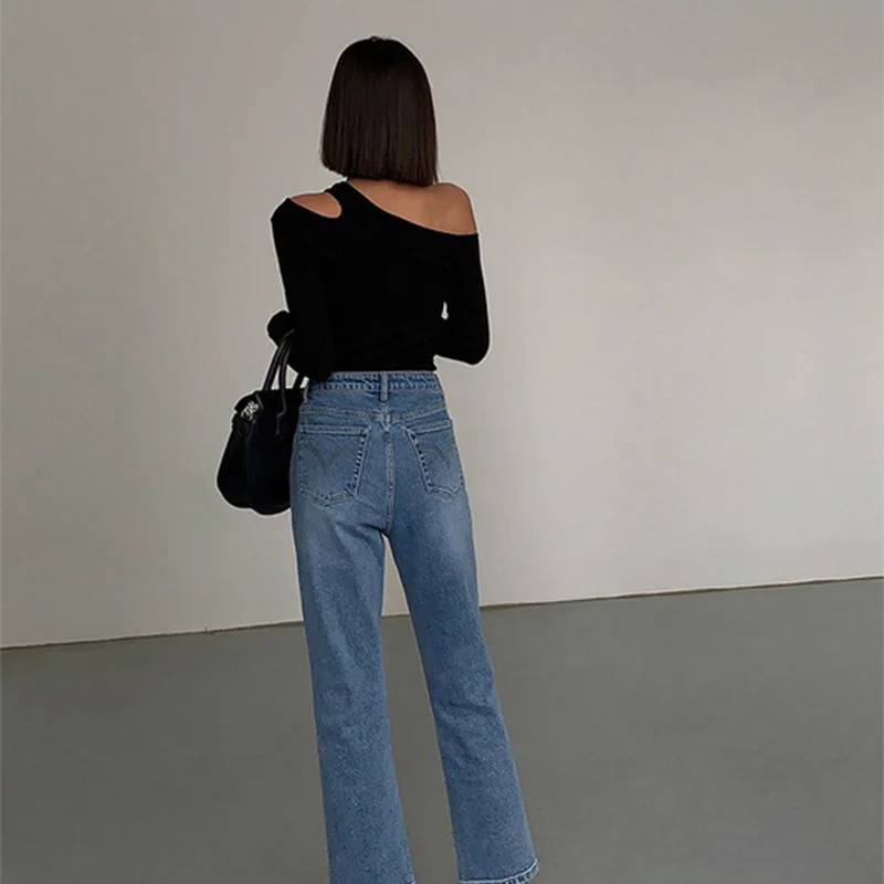 Fashion Skew Collar Off-shoulder Long-sleeved T-shirts Women Spring 2024 New Solid Slim Fit Crop Top Sexy Hollow Out Tees Shirts