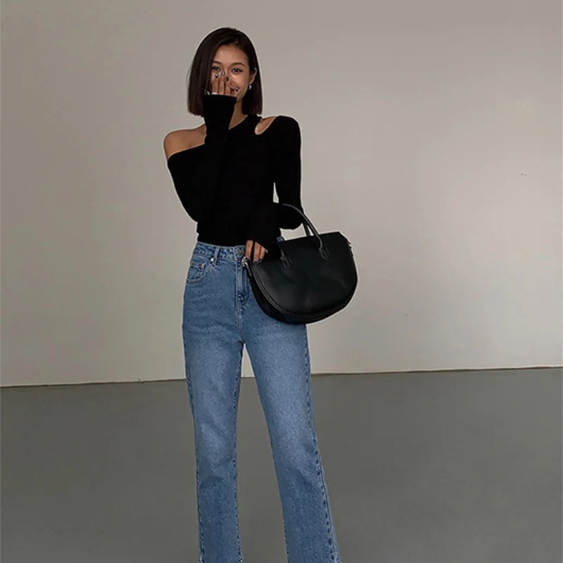 Fashion Skew Collar Off-shoulder Long-sleeved T-shirts Women Spring 2024 New Solid Slim Fit Crop Top Sexy Hollow Out Tees Shirts
