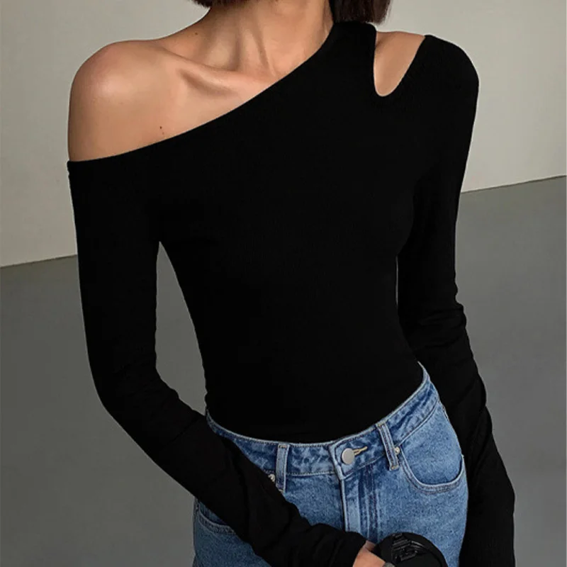 Fashion Skew Collar Off-shoulder Long-sleeved T-shirts Women Spring 2024 New Solid Slim Fit Crop Top Sexy Hollow Out Tees Shirts