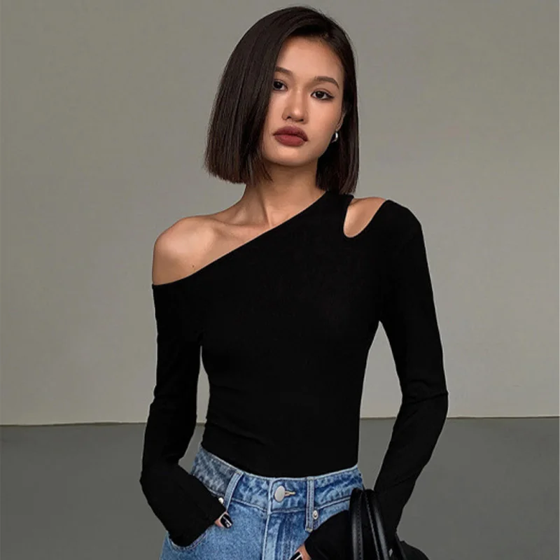 Fashion Skew Collar Off-shoulder Long-sleeved T-shirts Women Spring 2024 New Solid Slim Fit Crop Top Sexy Hollow Out Tees Shirts