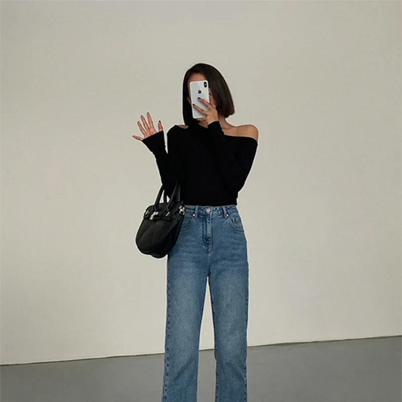 Fashion Skew Collar Off-shoulder Long-sleeved T-shirts Women Spring 2024 New Solid Slim Fit Crop Top Sexy Hollow Out Tees Shirts