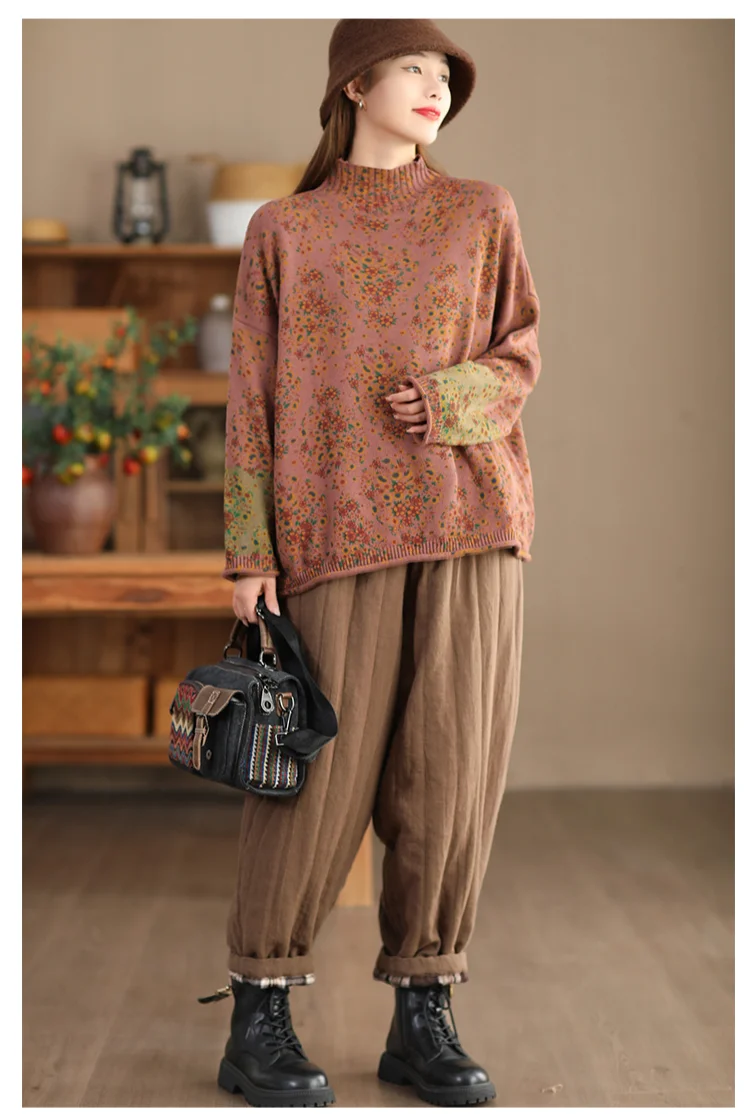 Amax LuluE 2024 Winter Fashion Turtleneck Sweaters Womens Classic Loose Floral Jumpers Females Vintage Leisure Printed Pullovers