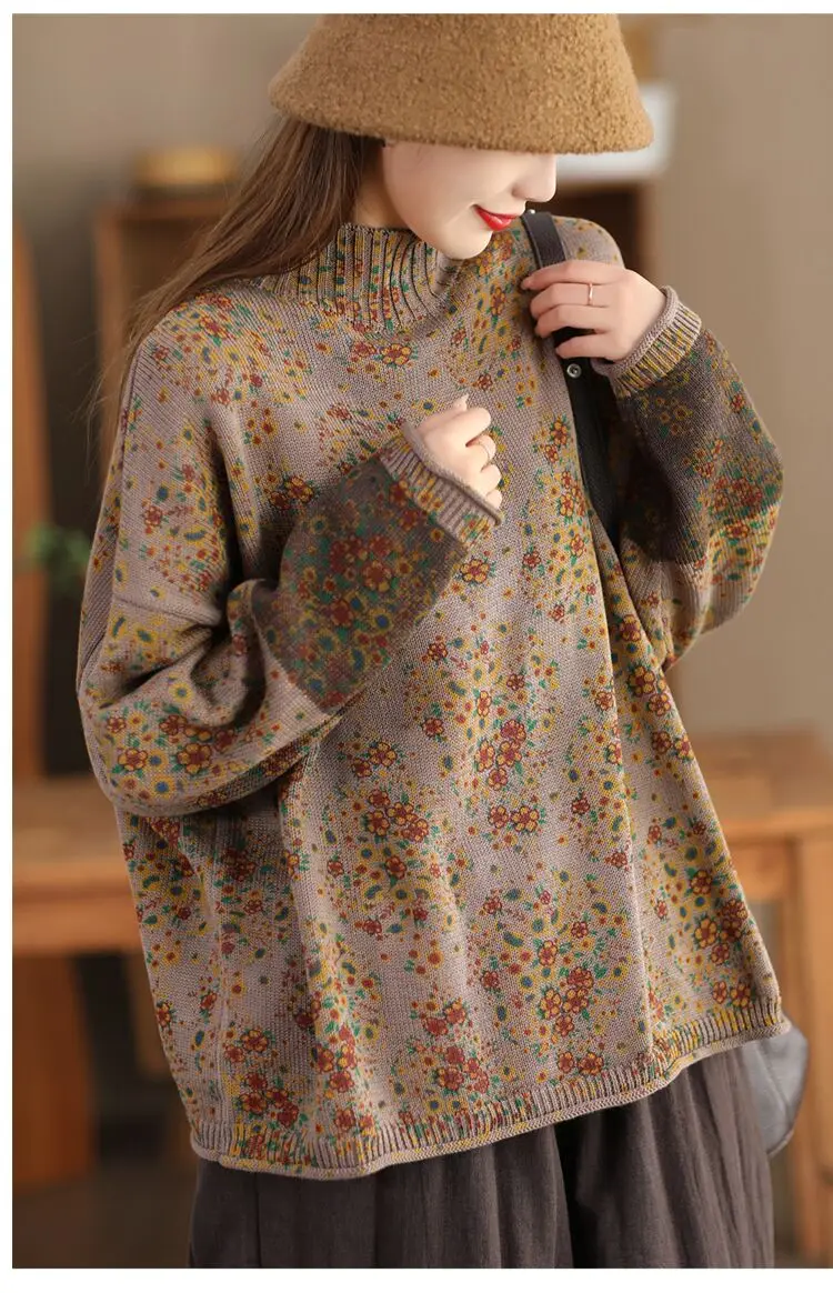 Amax LuluE 2024 Winter Fashion Turtleneck Sweaters Womens Classic Loose Floral Jumpers Females Vintage Leisure Printed Pullovers