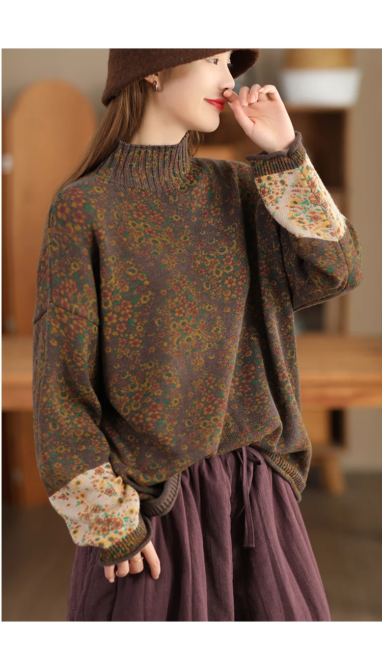 Amax LuluE 2024 Winter Fashion Turtleneck Sweaters Womens Classic Loose Floral Jumpers Females Vintage Leisure Printed Pullovers