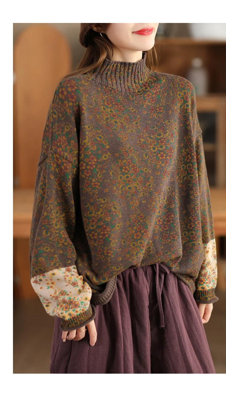 Amax LuluE 2024 Winter Fashion Turtleneck Sweaters Womens Classic Loose Floral Jumpers Females Vintage Leisure Printed Pullovers