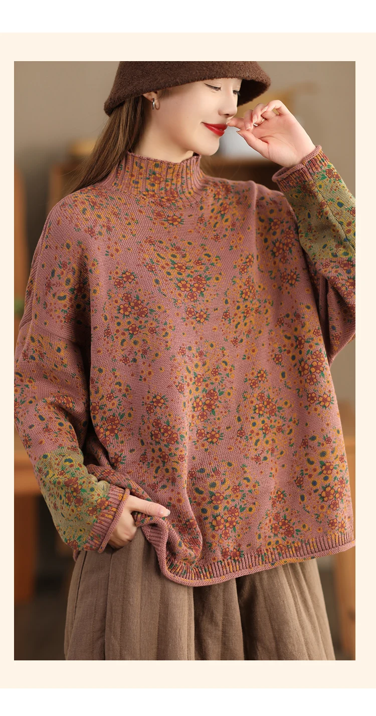 Amax LuluE 2024 Winter Fashion Turtleneck Sweaters Womens Classic Loose Floral Jumpers Females Vintage Leisure Printed Pullovers
