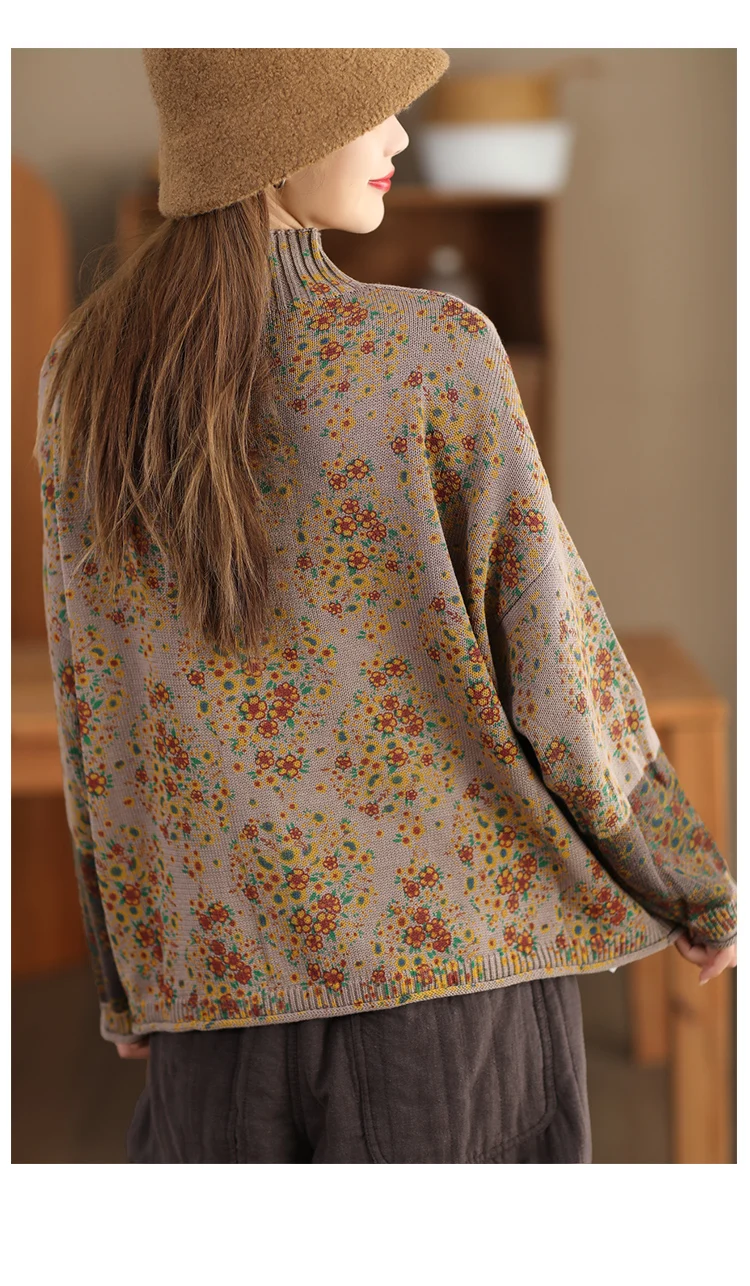 Amax LuluE 2024 Winter Fashion Turtleneck Sweaters Womens Classic Loose Floral Jumpers Females Vintage Leisure Printed Pullovers