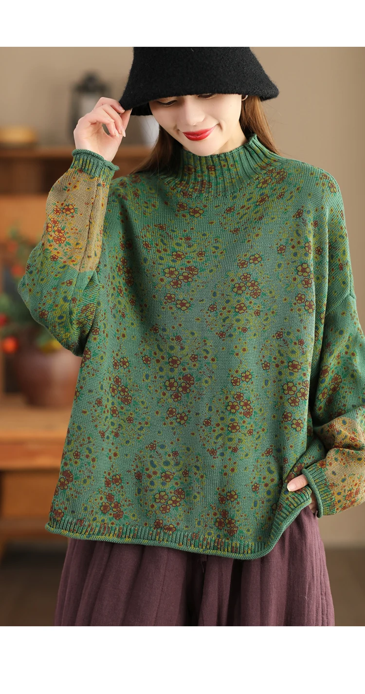 Amax LuluE 2024 Winter Fashion Turtleneck Sweaters Womens Classic Loose Floral Jumpers Females Vintage Leisure Printed Pullovers