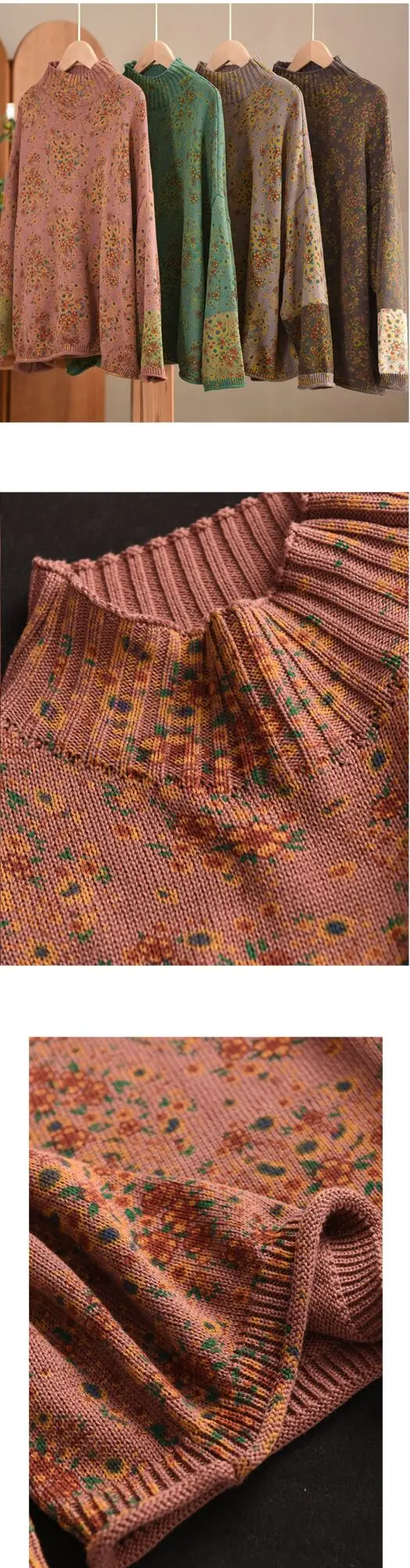 Amax LuluE 2024 Winter Fashion Turtleneck Sweaters Womens Classic Loose Floral Jumpers Females Vintage Leisure Printed Pullovers