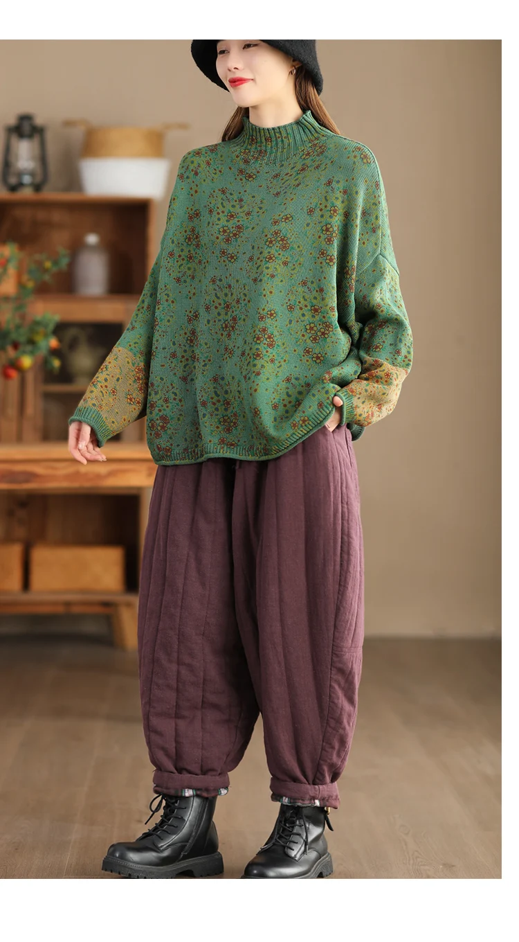 Amax LuluE 2024 Winter Fashion Turtleneck Sweaters Womens Classic Loose Floral Jumpers Females Vintage Leisure Printed Pullovers