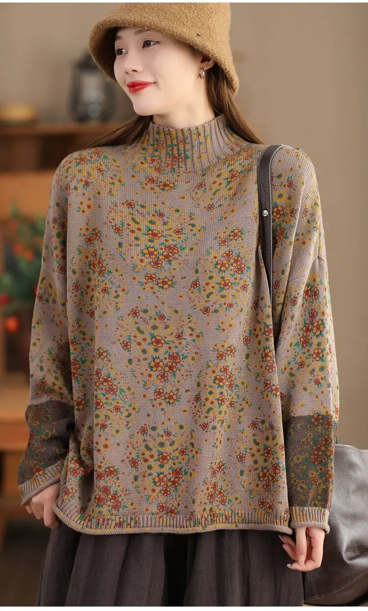 Amax LuluE 2024 Winter Fashion Turtleneck Sweaters Womens Classic Loose Floral Jumpers Females Vintage Leisure Printed Pullovers