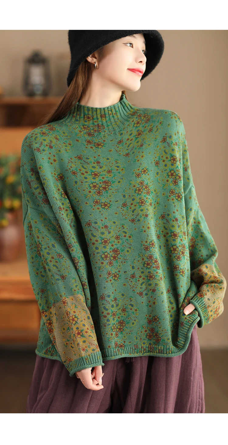 Amax LuluE 2024 Winter Fashion Turtleneck Sweaters Womens Classic Loose Floral Jumpers Females Vintage Leisure Printed Pullovers