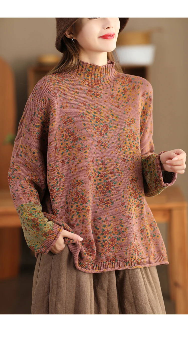 Amax LuluE 2024 Winter Fashion Turtleneck Sweaters Womens Classic Loose Floral Jumpers Females Vintage Leisure Printed Pullovers