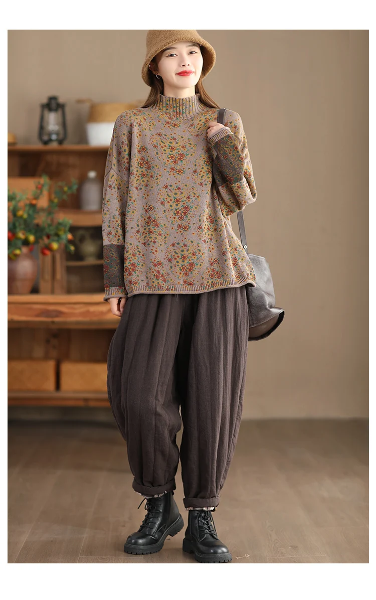 Amax LuluE 2024 Winter Fashion Turtleneck Sweaters Womens Classic Loose Floral Jumpers Females Vintage Leisure Printed Pullovers