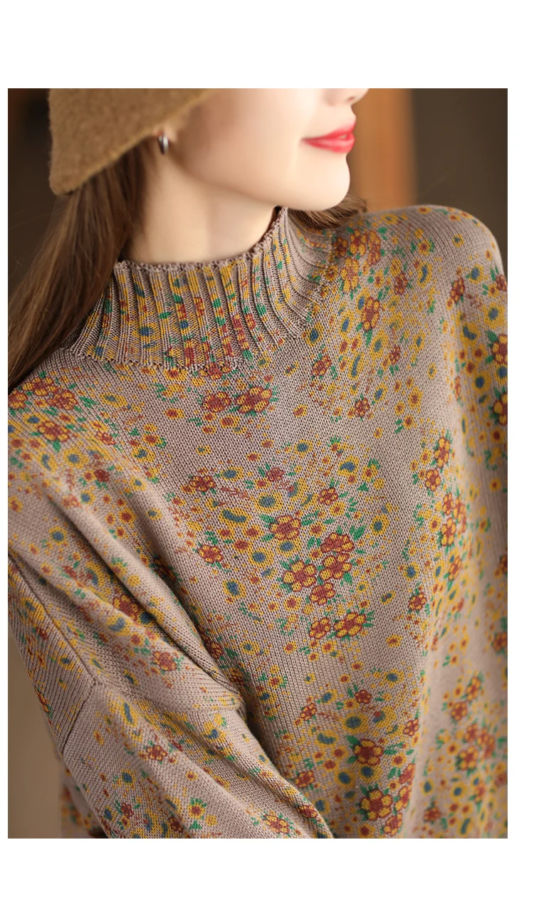 Amax LuluE 2024 Winter Fashion Turtleneck Sweaters Womens Classic Loose Floral Jumpers Females Vintage Leisure Printed Pullovers