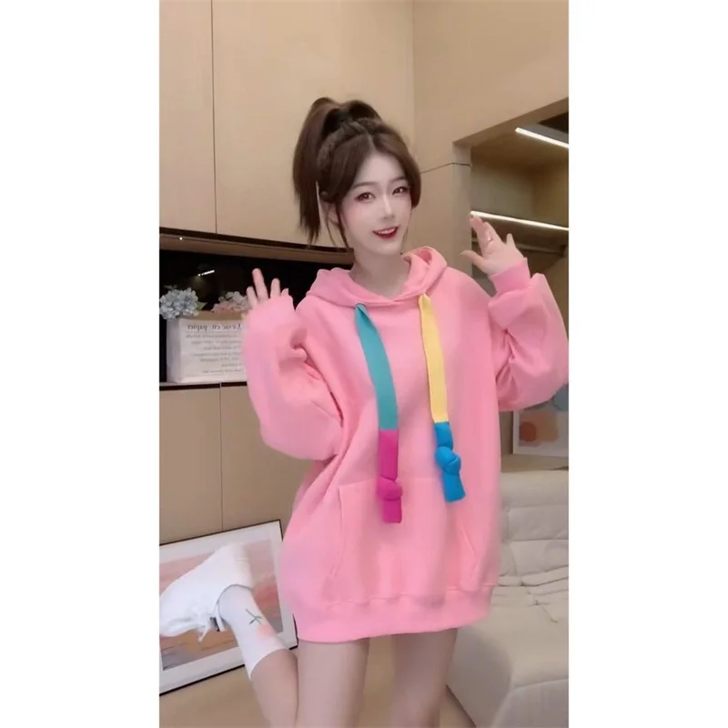 Large size 4XL Slimming Top For Women's Autumn And Winter New Color Drawstring Hoodie Ladies Long Sleeved Sweatershirt Pink Spri