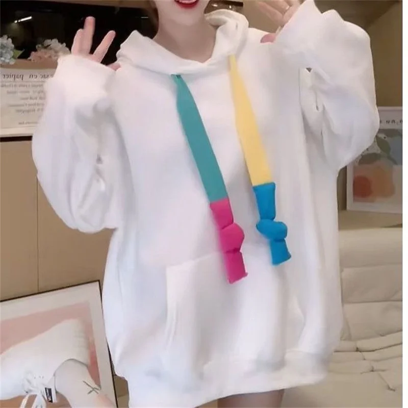 Large size 4XL Slimming Top For Women's Autumn And Winter New Color Drawstring Hoodie Ladies Long Sleeved Sweatershirt Pink Spri