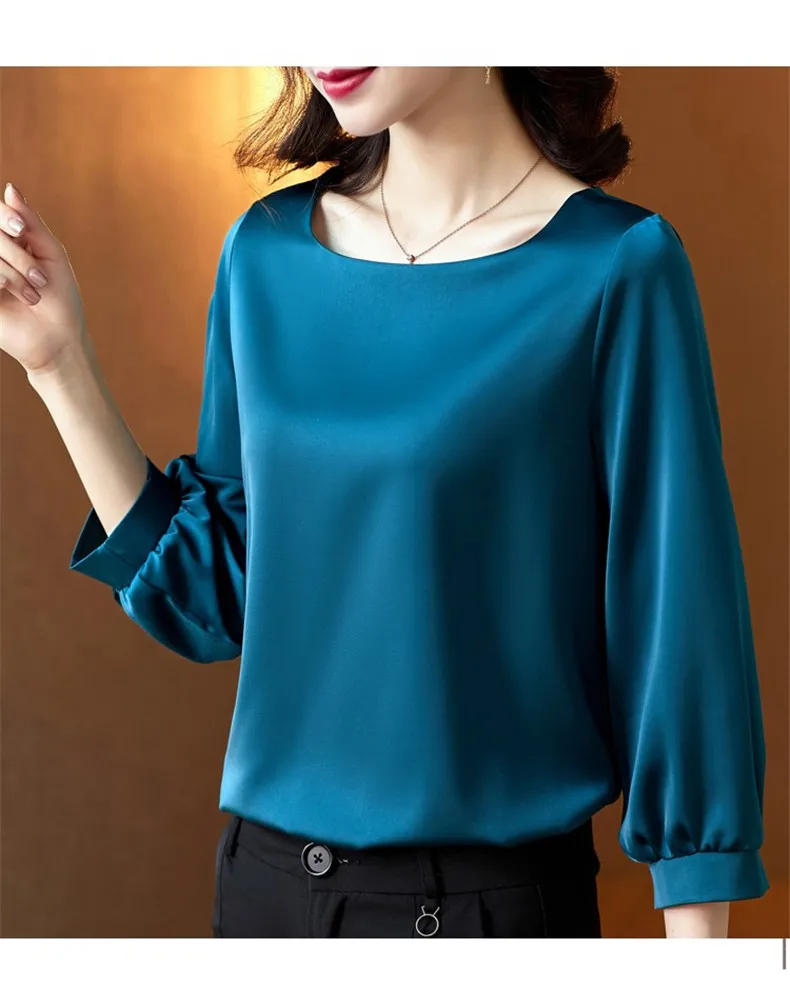 Silk Shirts Women nine quarter Sleeve Shirts Women Satin Clothing Shirt Office Lady Solid Silk Blouse 2026 Fashion Top mujer