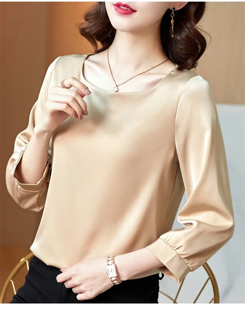 Silk Shirts Women nine quarter Sleeve Shirts Women Satin Clothing Shirt Office Lady Solid Silk Blouse 2026 Fashion Top mujer