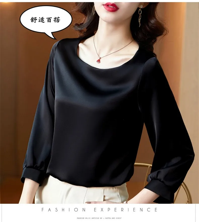 Silk Shirts Women nine quarter Sleeve Shirts Women Satin Clothing Shirt Office Lady Solid Silk Blouse 2026 Fashion Top mujer